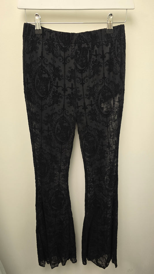 Women's High-Waist Flared Black Pants, Netted Trouser