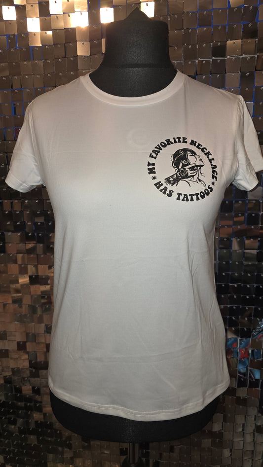 White tank top with black graphic design on a textured surface